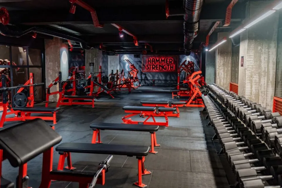 Salle de sport avec appareils de musculation rouges et noirs, rangées d'haltères à droite. Fond béton brut, texte Hammer Strength au mur.