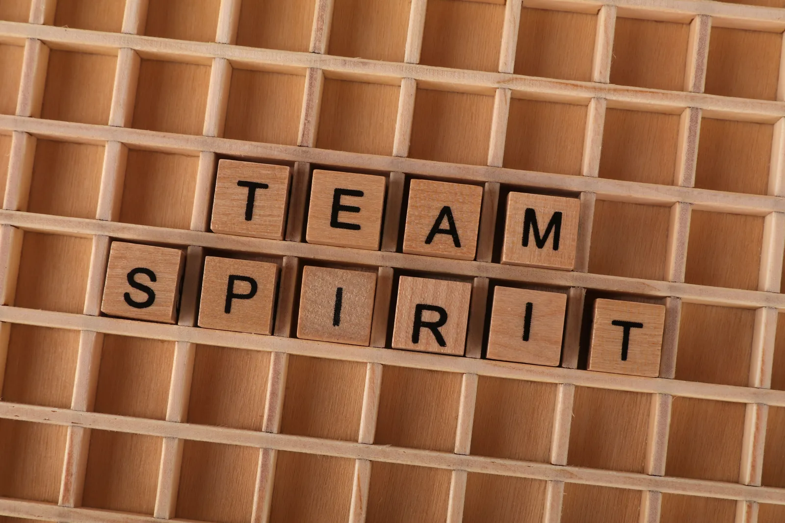 Lettres de bois formant les mots « team spirit », symbole de la cohésion d'équipe visée par un team building